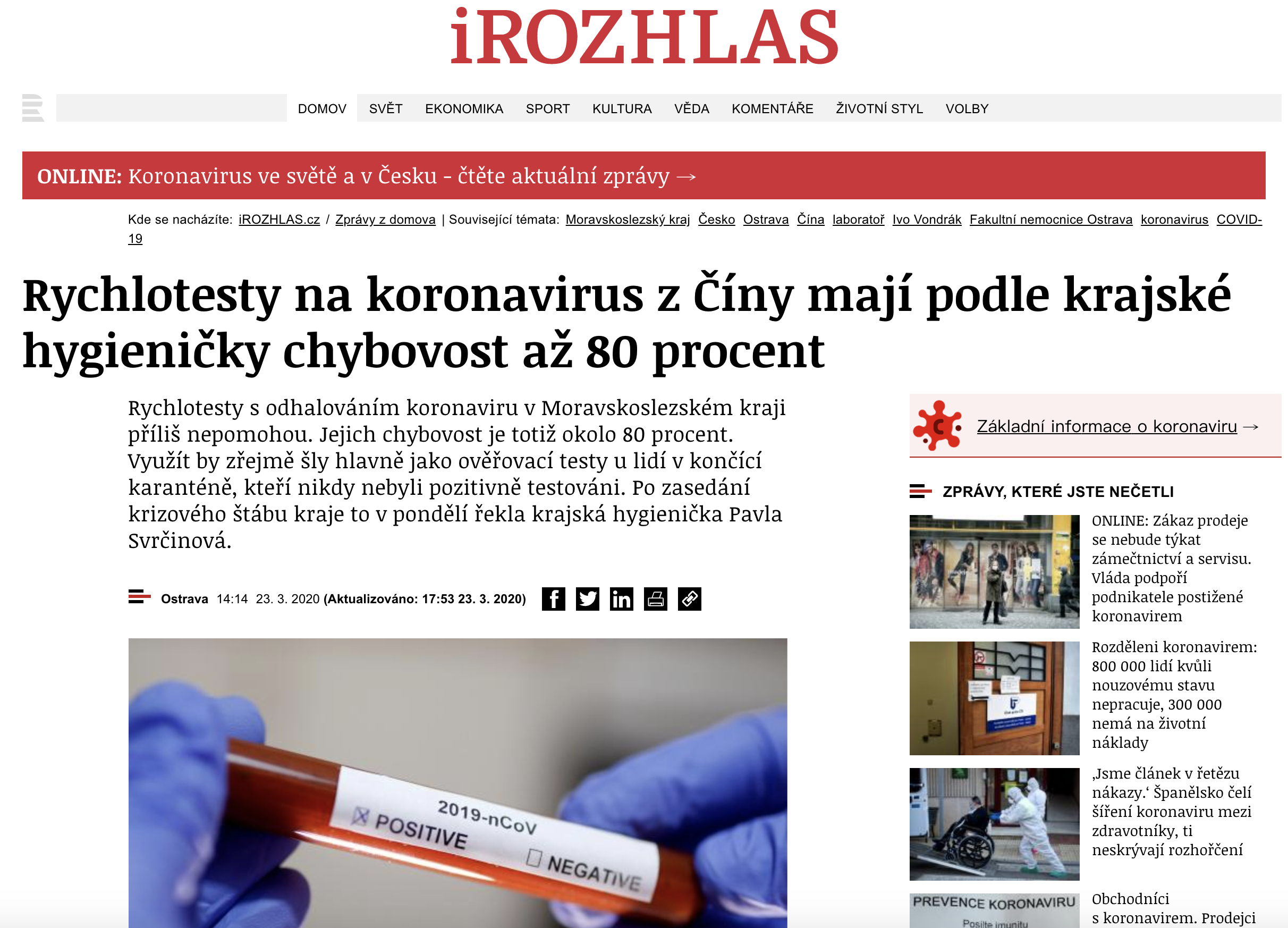 IROZHLAS报导卫生部门发现错误率高达80%。(图片来源：IROZHLAS官网截图)