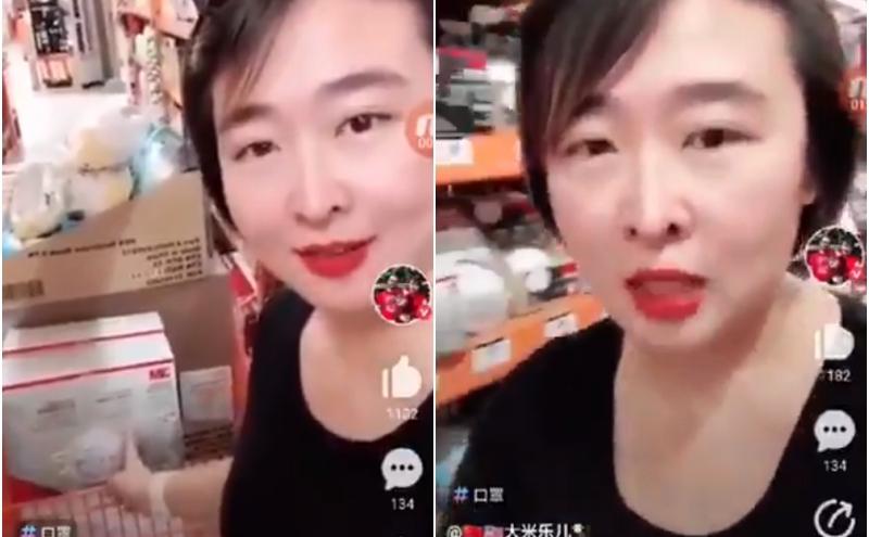 一名华裔女子买空美国多间超市的口罩后拍视频炫耀。（影片截图）