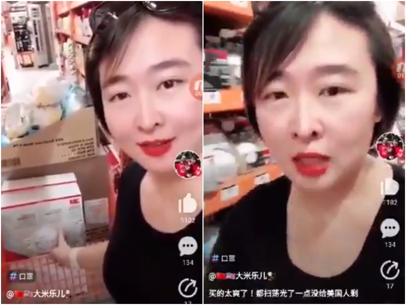 一名华裔女子买空美国多间超市的口罩后拍视频炫耀。（影片截图）