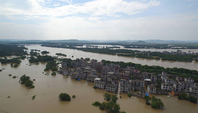 长江流域附近的许多居民楼被洪水淹没