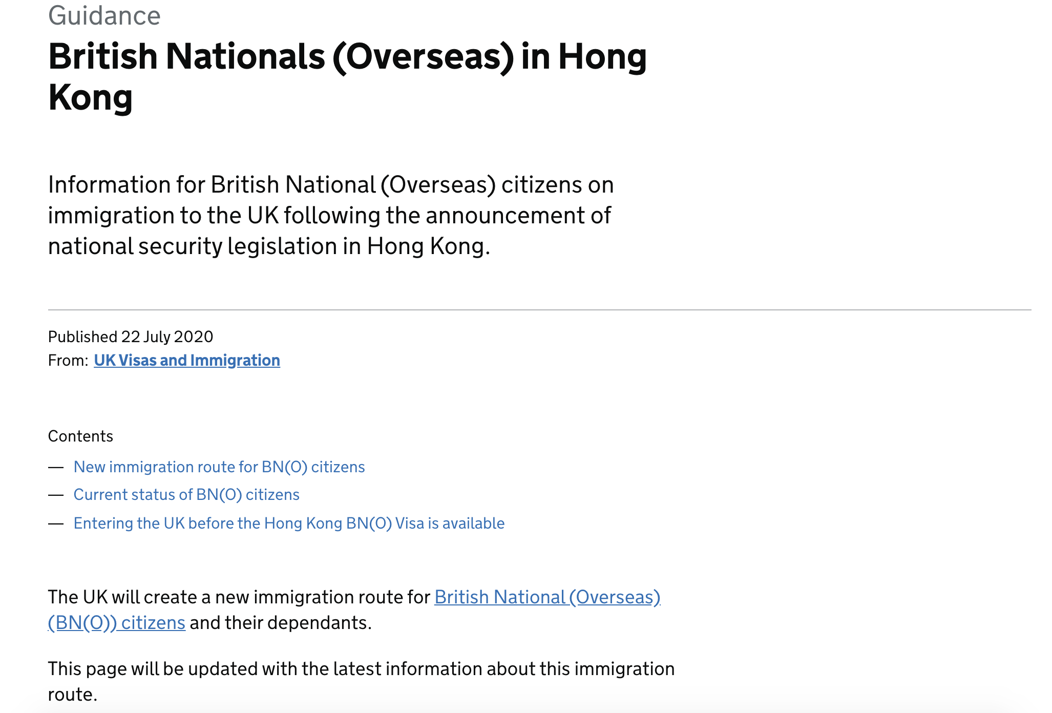 英国政府开放BNO身份港人申请赴英签证（图片来源： GOV.UK网站）