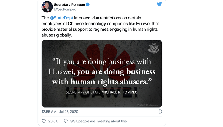 美国国务卿蓬佩奥在推特上面发文