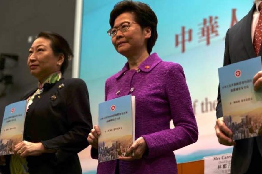 林郑(右)与郑若骅(左)于7月1日手持港区国安法复件合影