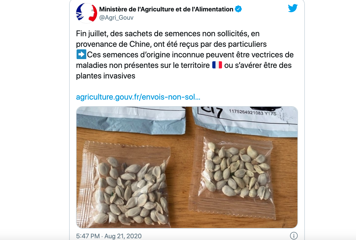 法国农业部推文表示有来自中国的不明种子