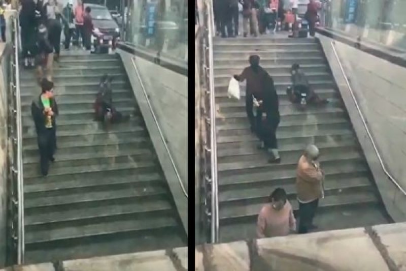 四川攀枝花一老人在街頭樓梯處疑似病發跌倒