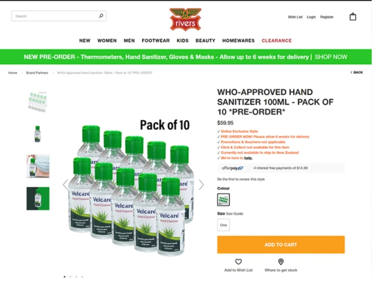 Mosaic Brands销售洗手液的其中一个网页上。