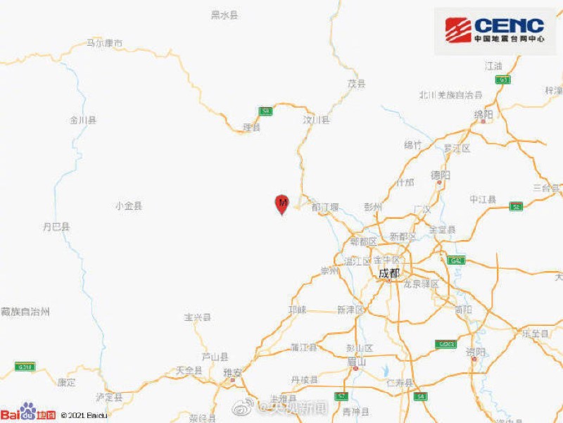 四川阿壩藏族羌族自治州汶川縣，發生規模4.8地震