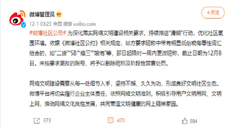 加紧言论管控 中国微博称：改掉低俗昵称否则禁言
