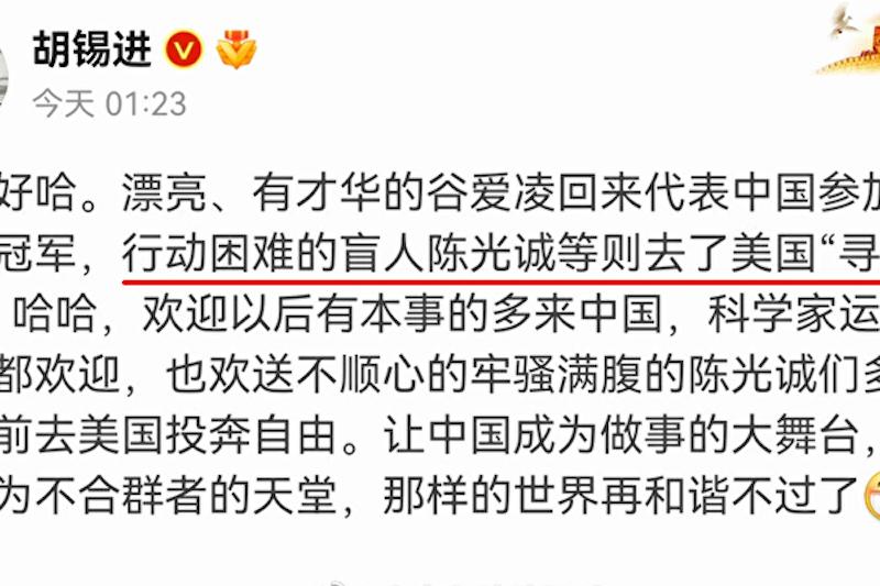 胡锡进借谷爱凌贬损陈光诚引发网友不满
