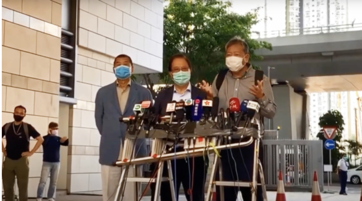 （左起）壹传媒集团创办人黎智英、民主党前主席杨森和工党副主席李卓人