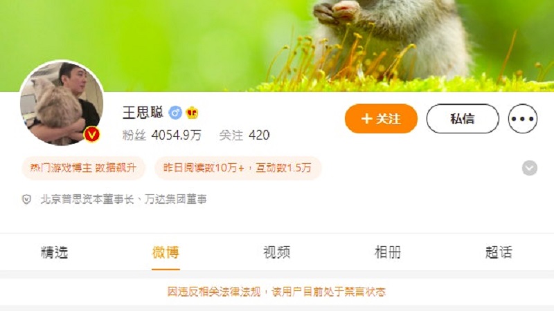 发表严查连花清瘟厂商言论后 王思聪微博被禁言