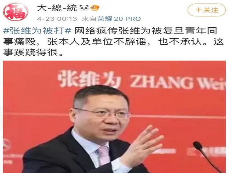 亲共学者张维为传被打 中国网络一片叫好