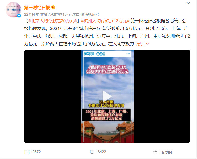 中國5大城市住戶存款超2萬億 北京人均存款超20萬