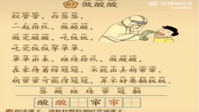 “做酸酸防冠冠” 中国核酸检测恐怖儿歌引争议