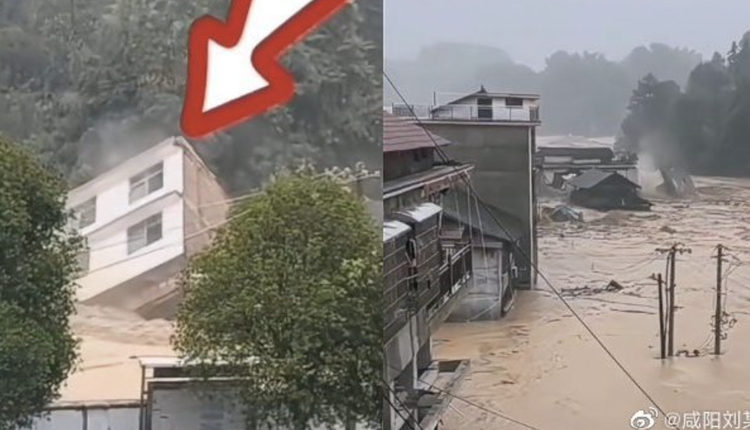 日前，湖南怀化一整栋楼被洪水冲走的惊险画面在网络流传。（网络图片）