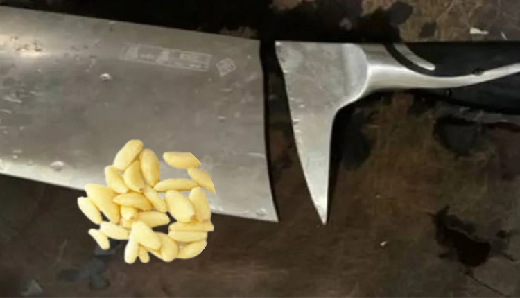广东广州一名王女士拿张小泉的“斩切刀”来拍蒜头，竟然直接断成两截。