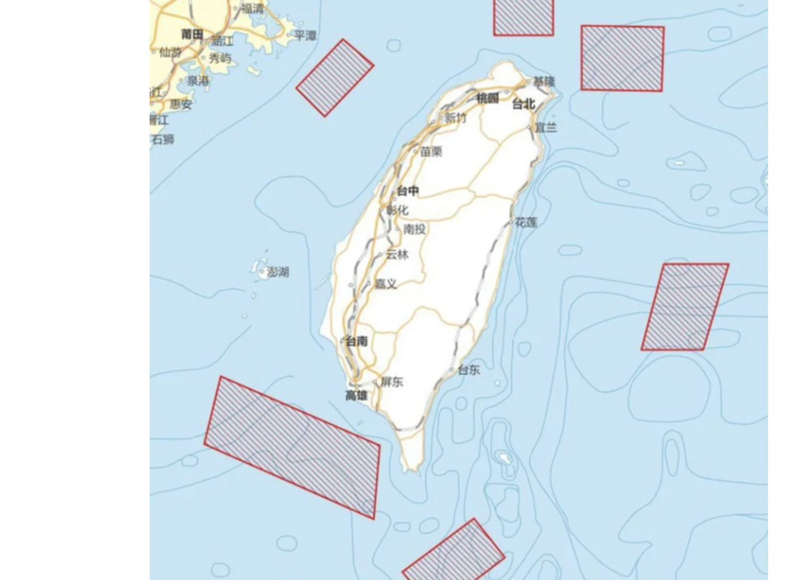 中国公布环绕台湾的军演地点。