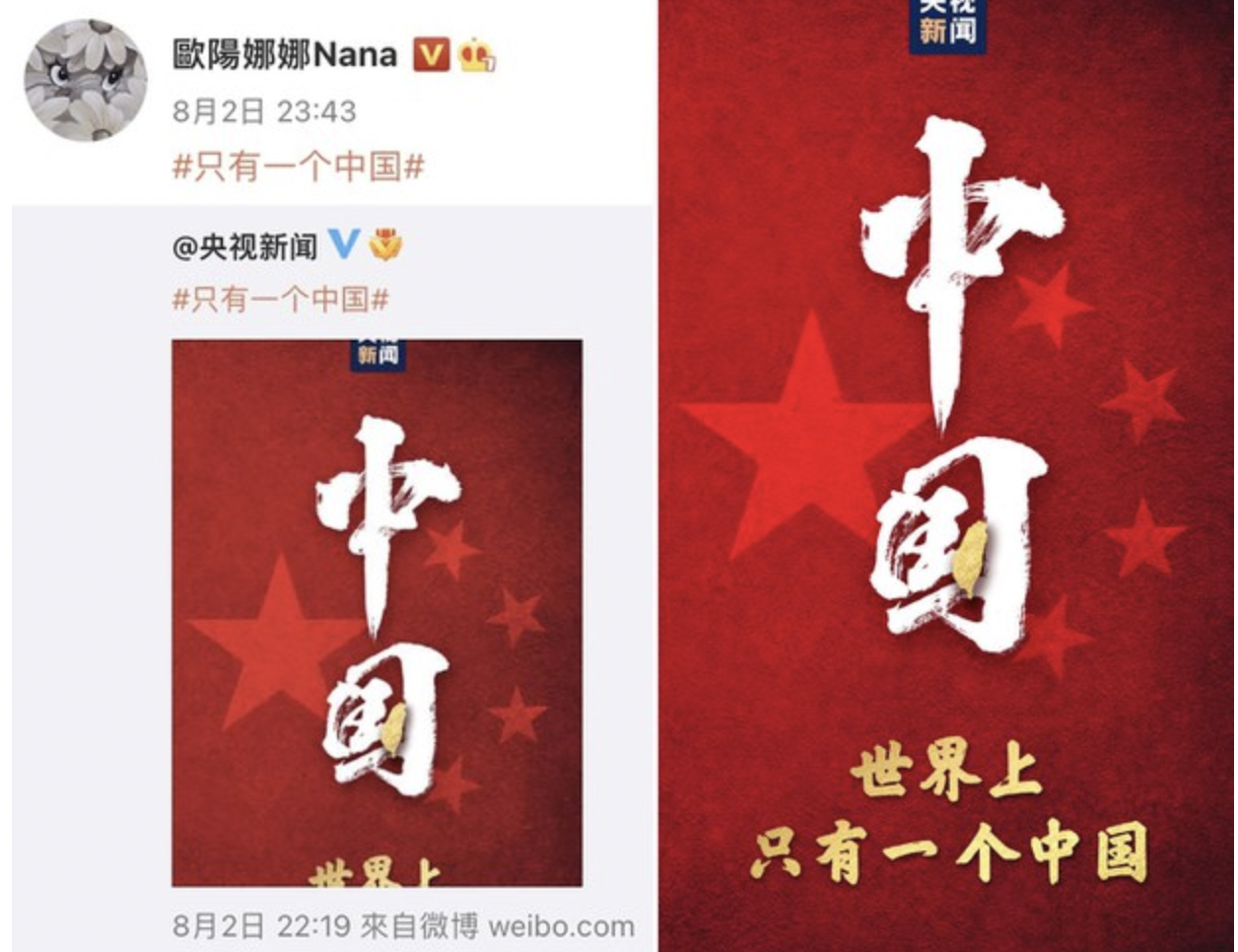 央視周二（2日）發起「只有一個中國」話題，在中國發展的台灣藝人歐陽娜娜隨即表態支持