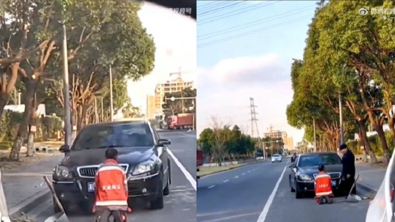 浙江宁波一车主逼清洁工当街下跪道歉 引公愤（视频）