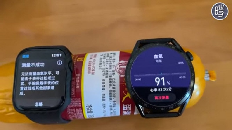 华为手表检测出火腿的血氧和心率，苹果手表显示不成功。