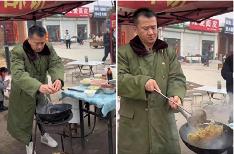 李嘉明在老家摆摊卖炒面