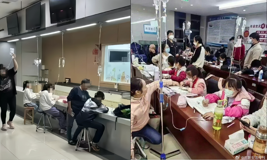 大批孩子邊吊鹽水邊做功課