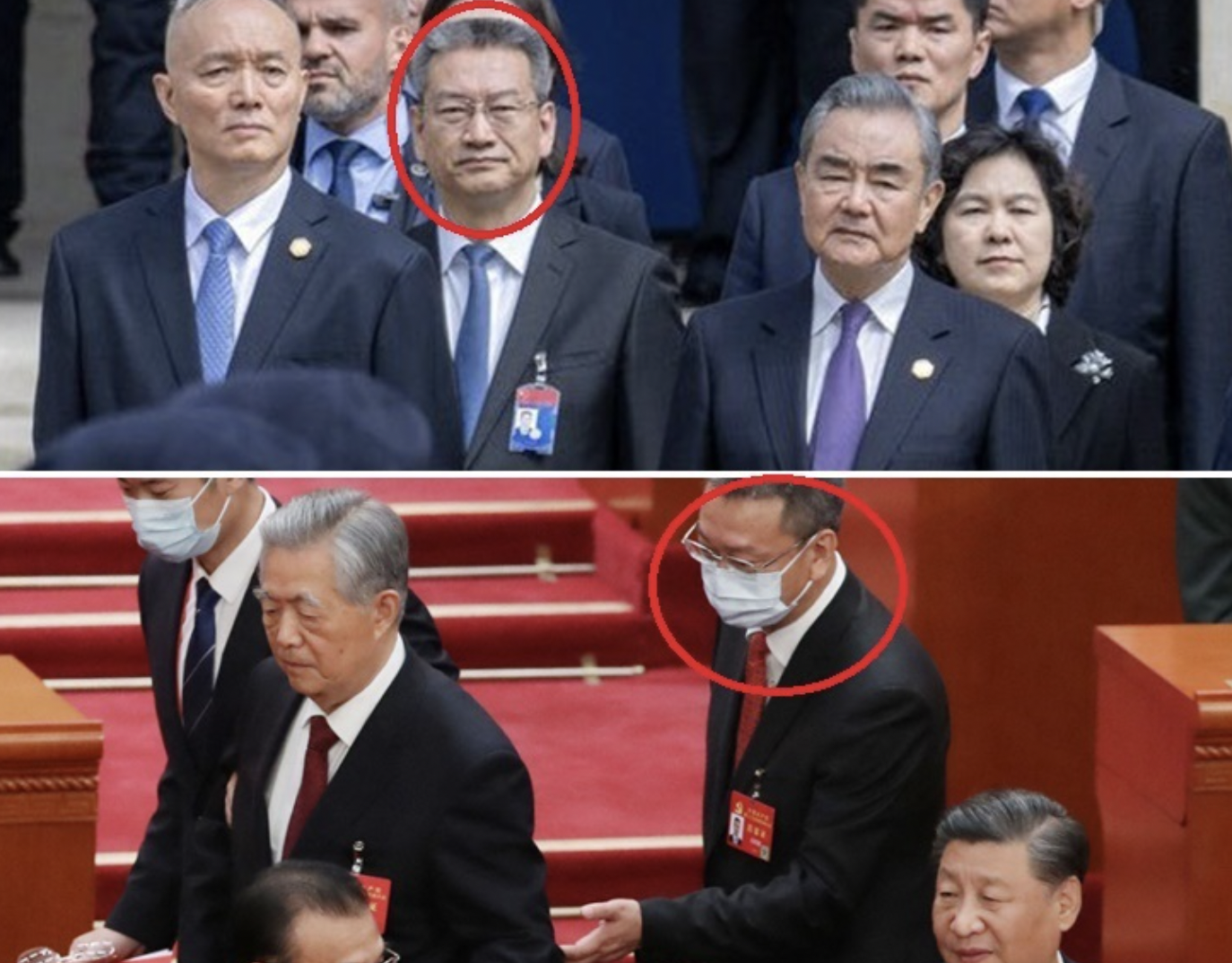上图：孔绍逊随习近平访欧；下图：孔绍逊在中共20大上将胡锦涛请出会场。