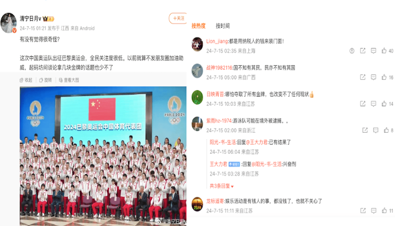 中国出征巴黎奥运会，网友表示冷感。