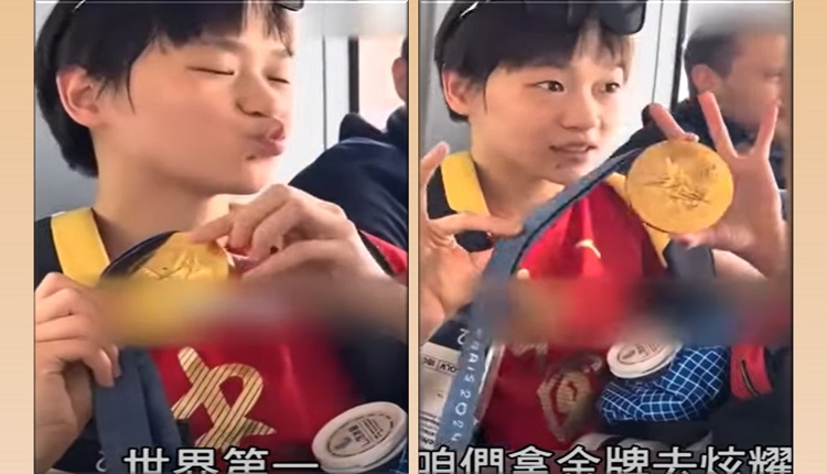 全紅嬋向前來祝賀的德國選手展示金牌時說，「咱們拿金牌去炫耀」。