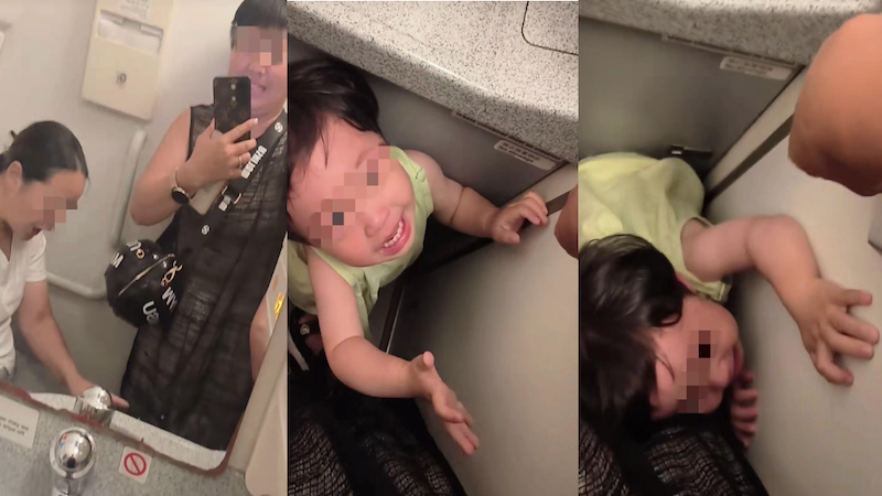 1岁童因在飞机上哭闹，被陌生女子关进厕所威胁