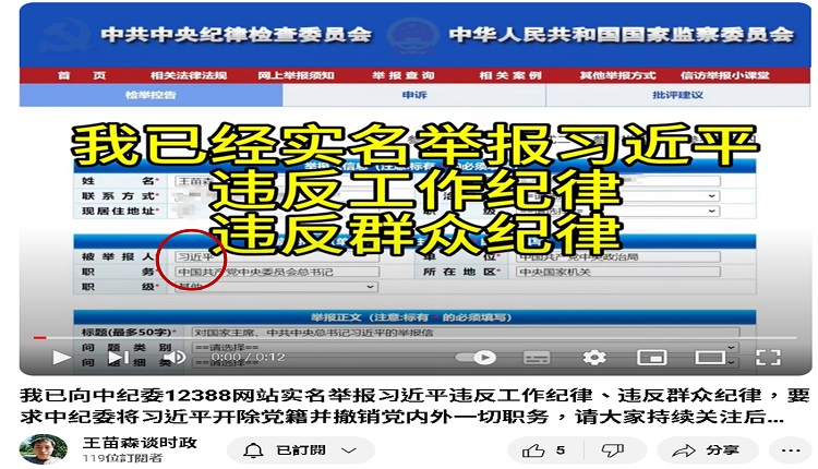 中国网民王苗森近日实名举报中共总书记习近平